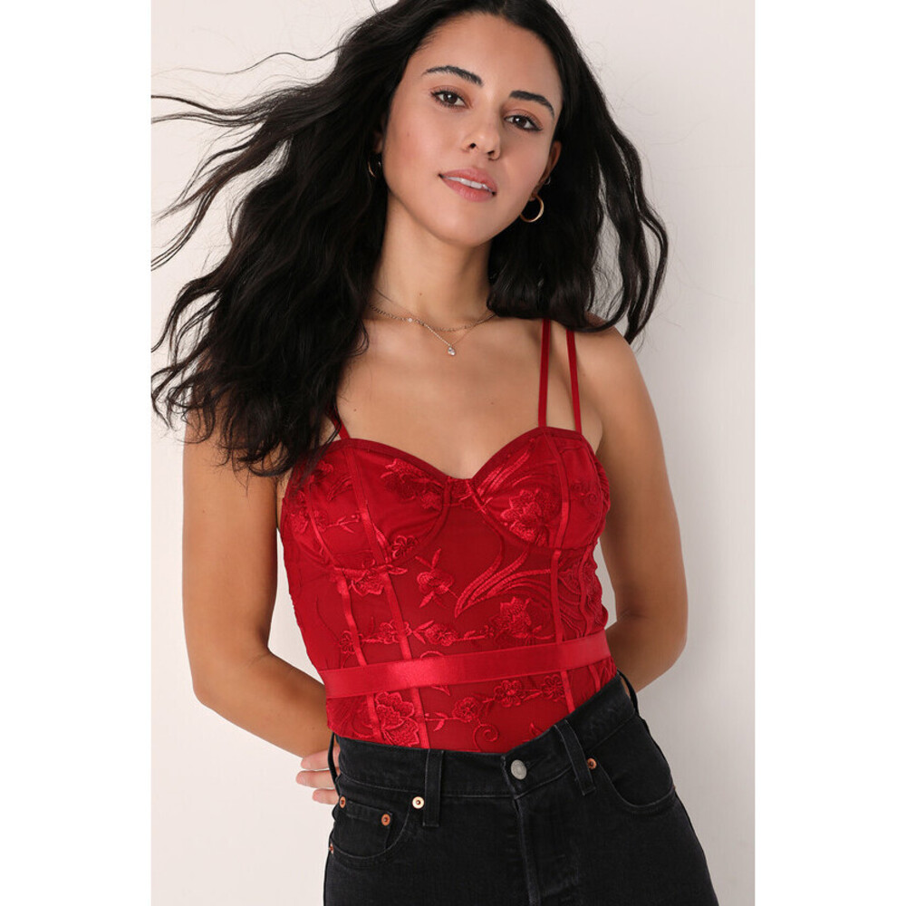 Lulus Sultry Scenario Wine Red Lace Bustier Bodysuit - Size M
